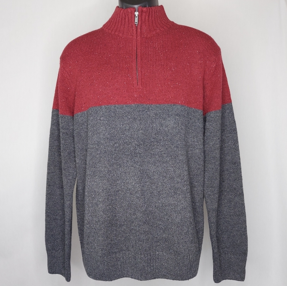 Sonoma Sweater Mens XL Red Gray Color Block Cotton Acrylic 1/4 Zip High Neck NEW